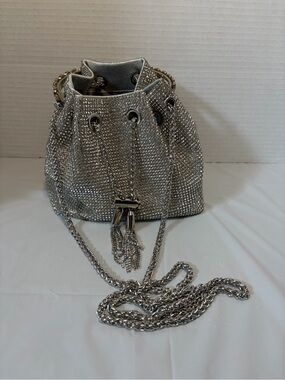 Silver Crystal Drawstring Bucket Bag - Women's Evening Handbag